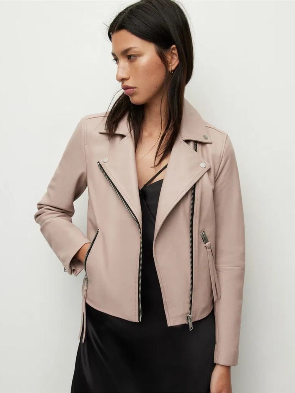 All Saints Dalby Biker Leather Jacket In Misty Pink 4